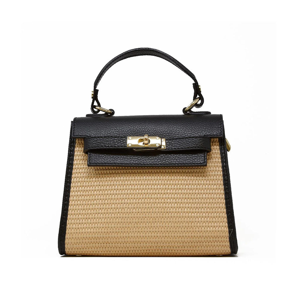 Raffia and Leather Top Handle Crossbody Bag with gold turn-lock clasp closure- Black