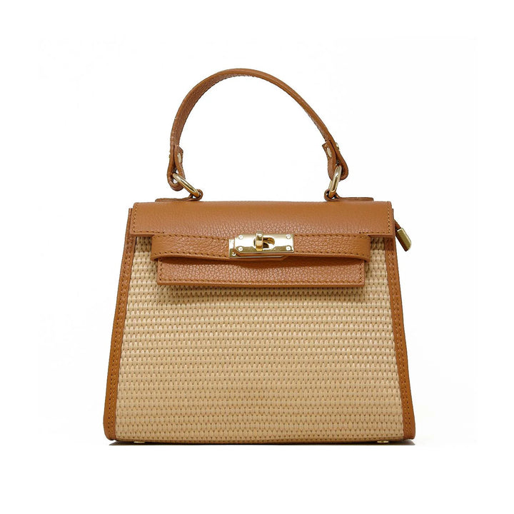 Raffia and Leather Top Handle Crossbody Bag with gold turn-lock clasp closure - Camel