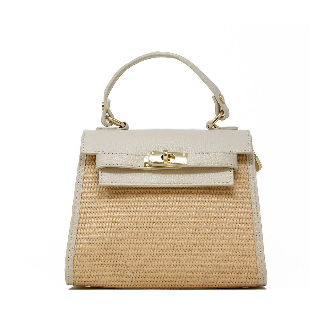 Raffia and Leather Top Handle Crossbody Bag with gold turn-lock clasp closure - Ivory