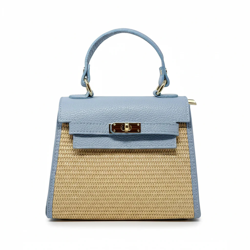 Raffia and Leather Top Handle Crossbody Bag with gold turn-lock clasp closure - Light Blue