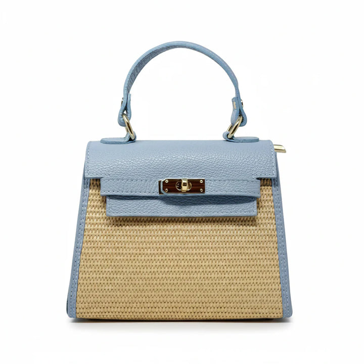 Raffia and Leather Top Handle Crossbody Bag with gold turn-lock clasp closure - Light Blue