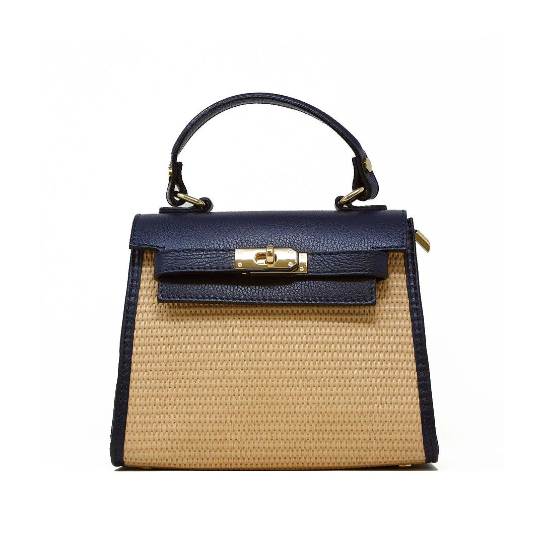 Raffia and Leather Top Handle Crossbody Bag with gold turn-lock clasp closure - Navy