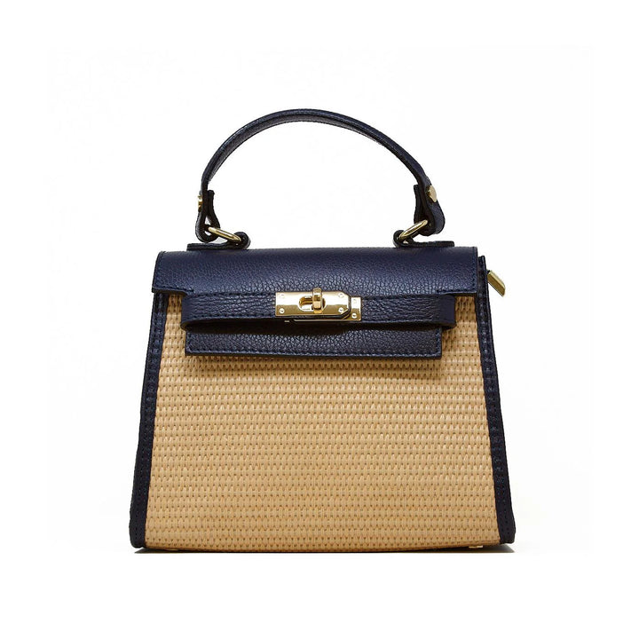Raffia and Leather Top Handle Crossbody Bag with gold turn-lock clasp closure - Navy
