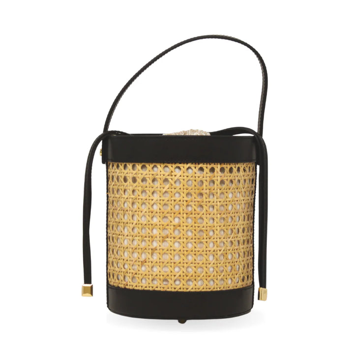 Rattan and Leather Bucket Bag with drawstring closure and gold-toned hardware Black