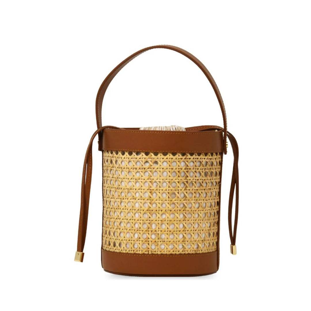 Rattan and Leather Bucket Bag with drawstring closure and gold-toned hardware Camel