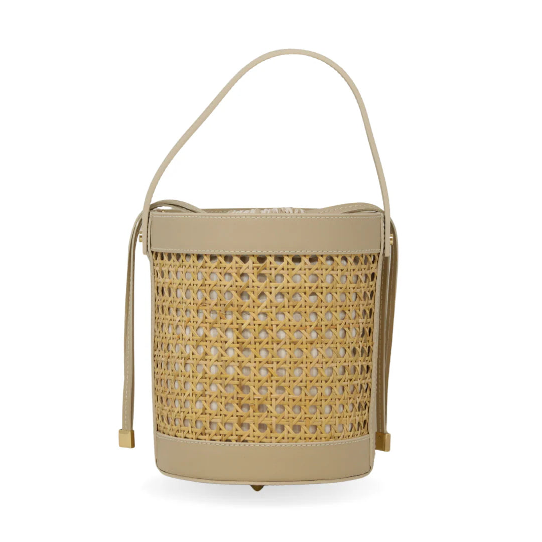 Rattan and Leather Bucket Bag with drawstring closure and gold-toned hardware Ivory