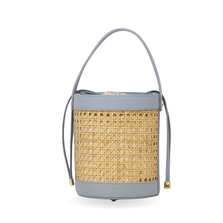 Rattan and Leather Bucket Bag with drawstring closure and gold-toned hardware Light Blue
