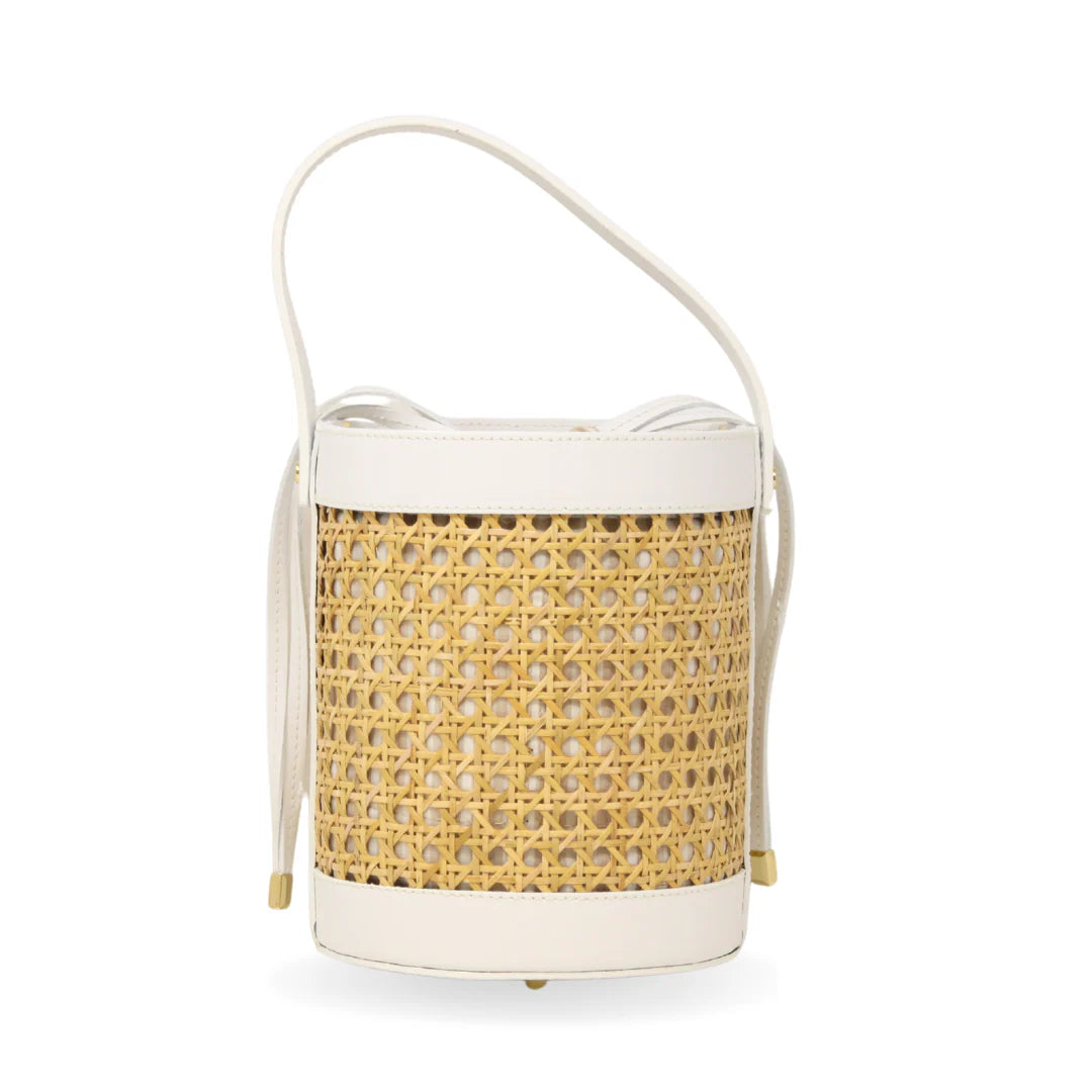 Rattan and Leather Bucket Bag with drawstring closure and gold-toned hardware White