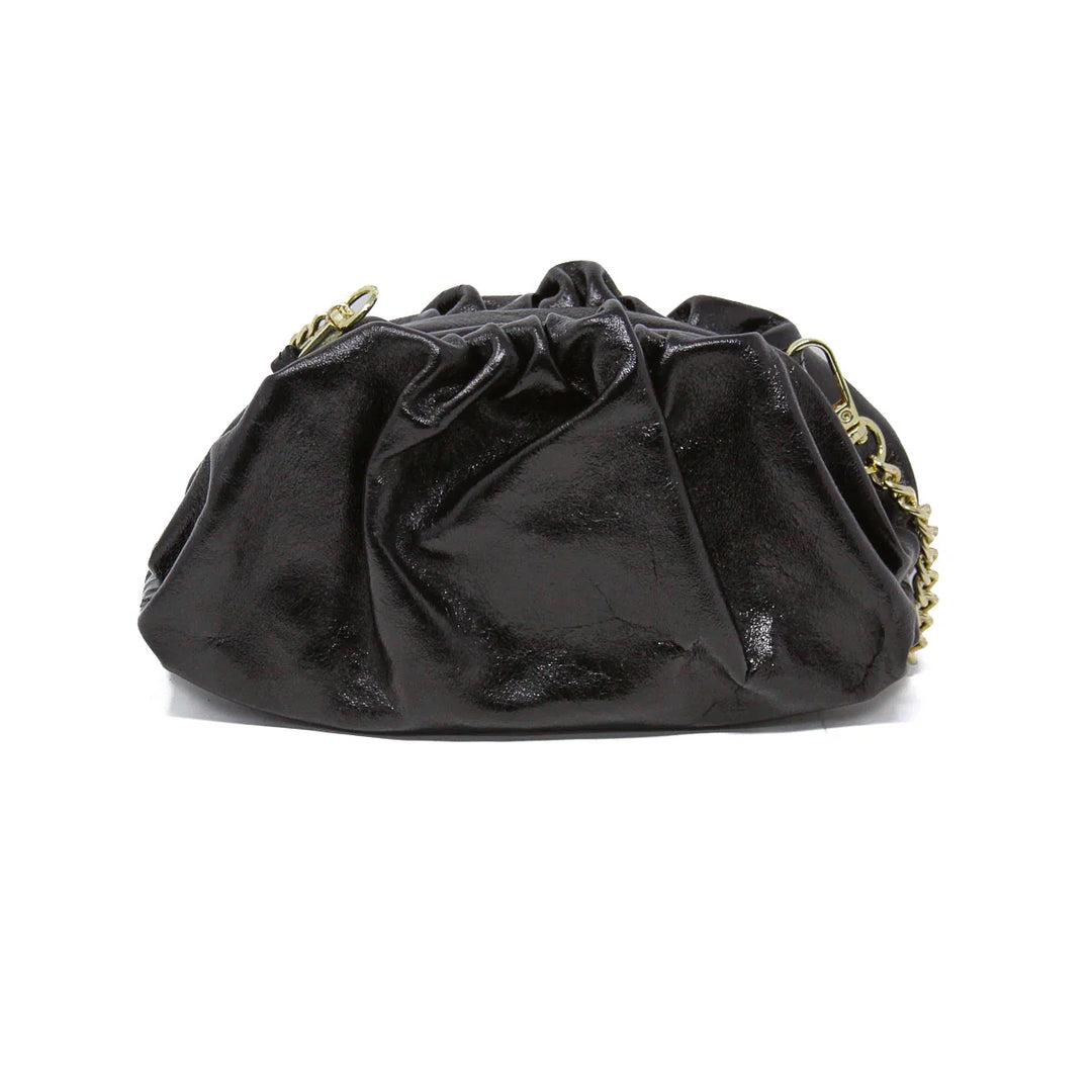 Italian Leather Pleated Clutch and Crossbody Bag with gold chain strap Black