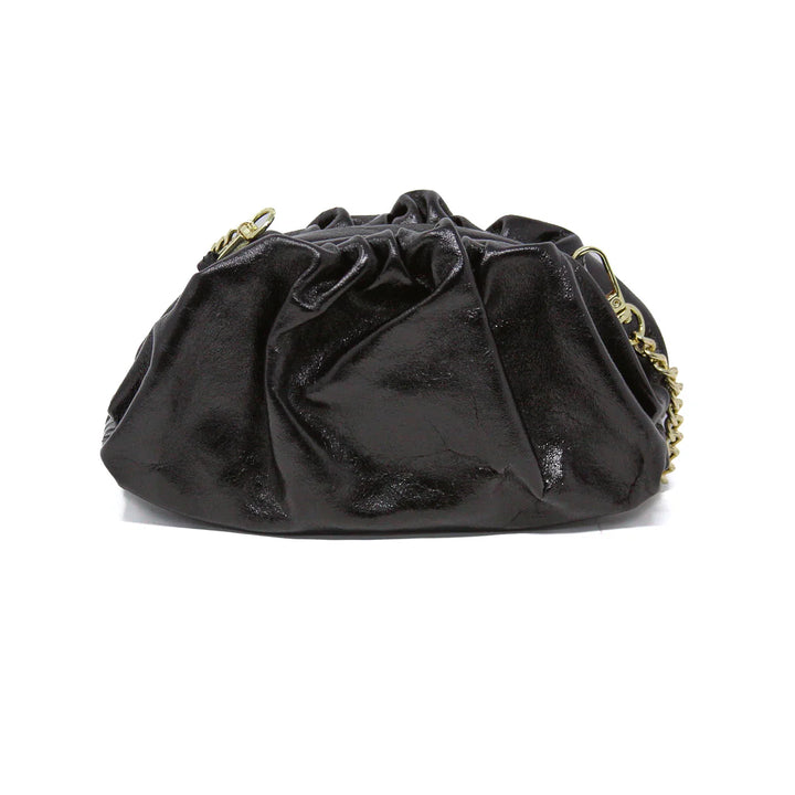 Italian Leather Pleated Clutch and Crossbody Bag with gold chain strap Black