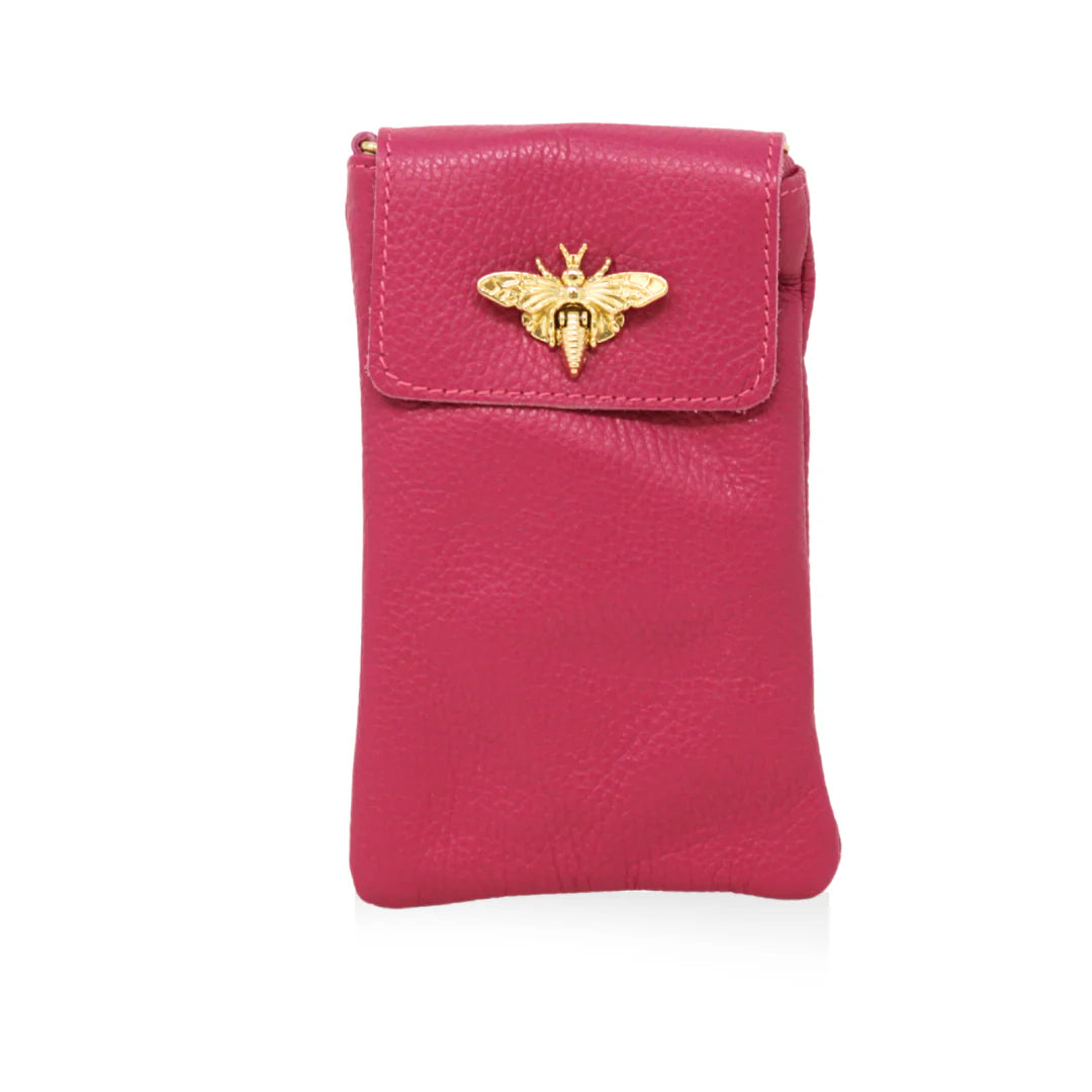 GF1178 Italian Leather Cellphone Crossbody Bag with gold bee clasp closure Fuschia