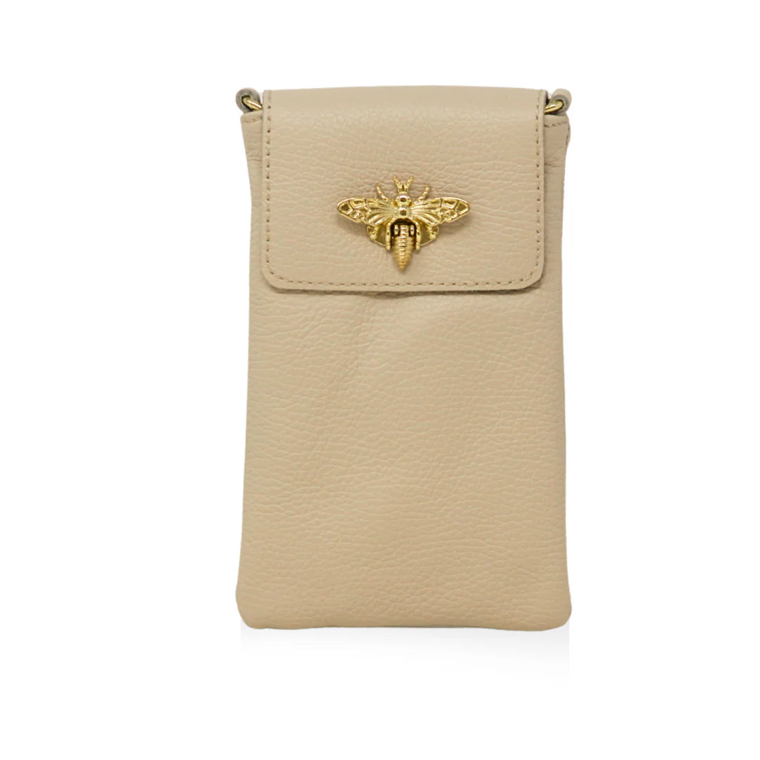 GF1178 Italian Leather Cellphone Crossbody Bag with gold bee clasp closure Ivory
