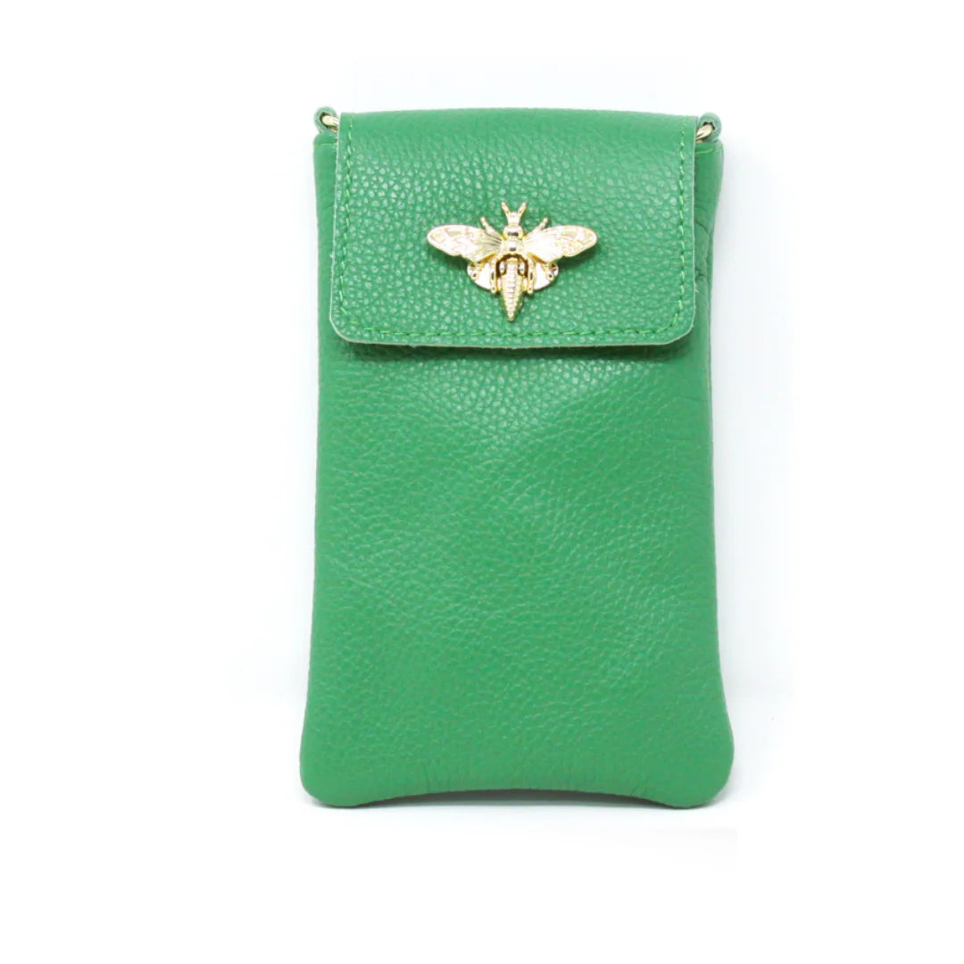 GF1178 Italian Leather Cellphone Crossbody Bag with gold bee clasp closure Kelly Green
