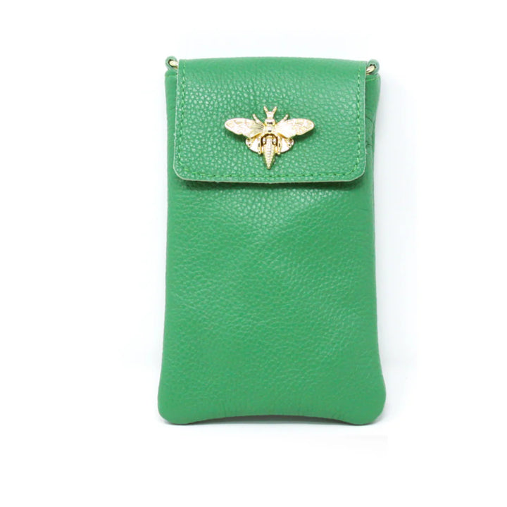 GF1178 Italian Leather Cellphone Crossbody Bag with gold bee clasp closure Kelly Green