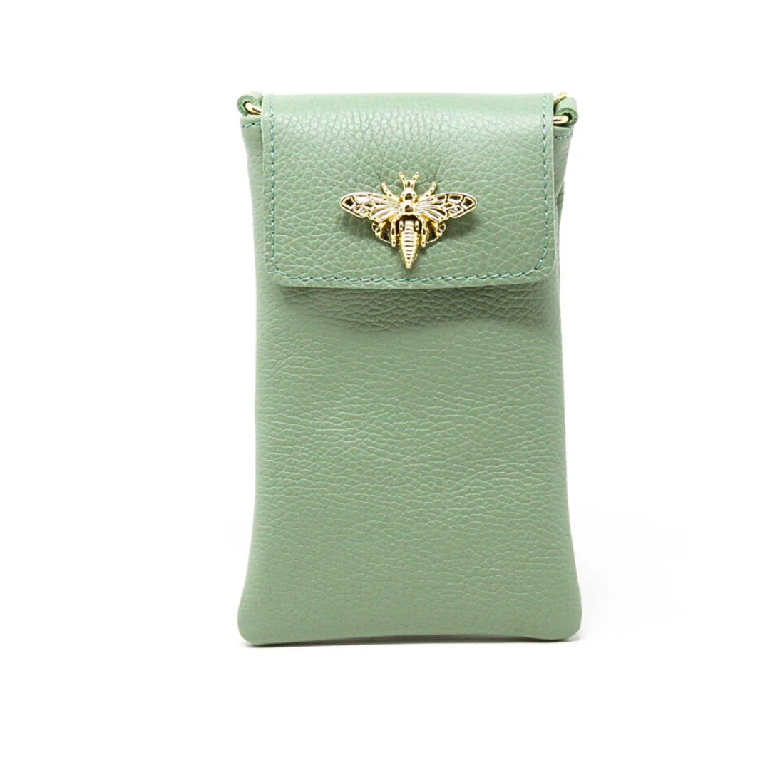 GF1178 Italian Leather Cellphone Crossbody Bag with gold bee clasp closure Mint