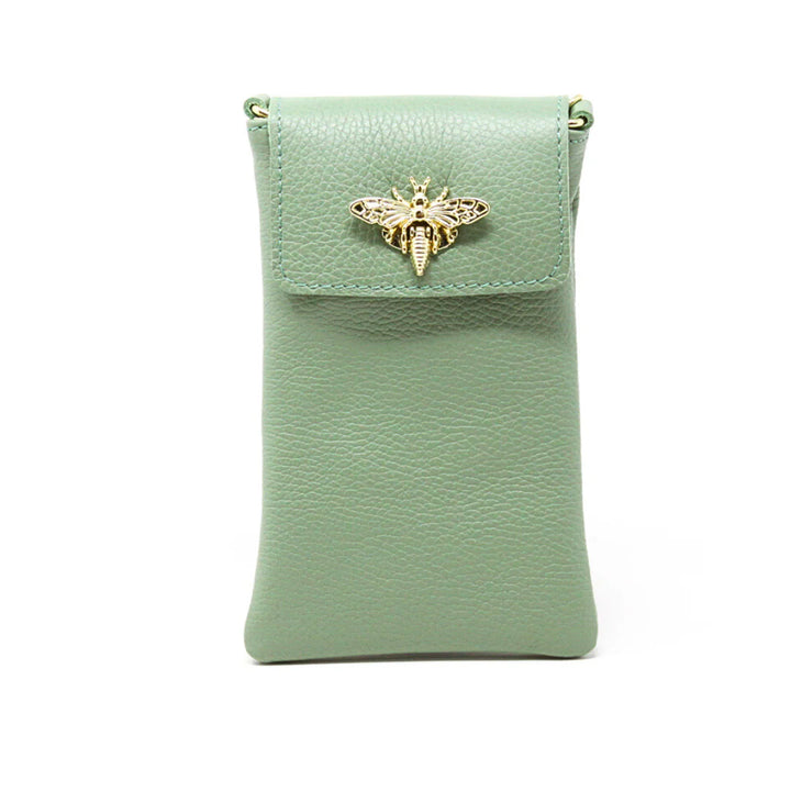GF1178 Italian Leather Cellphone Crossbody Bag with gold bee clasp closure Mint