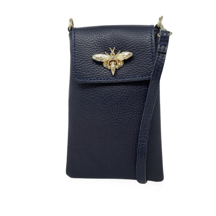 GF1178 Italian Leather Cellphone Crossbody Bag with gold bee clasp closure Navy