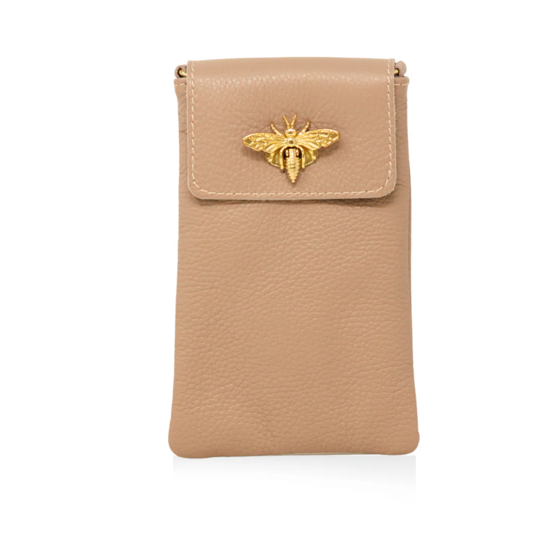 GF1178 Italian Leather Cellphone Crossbody Bag with gold bee clasp closure Nude