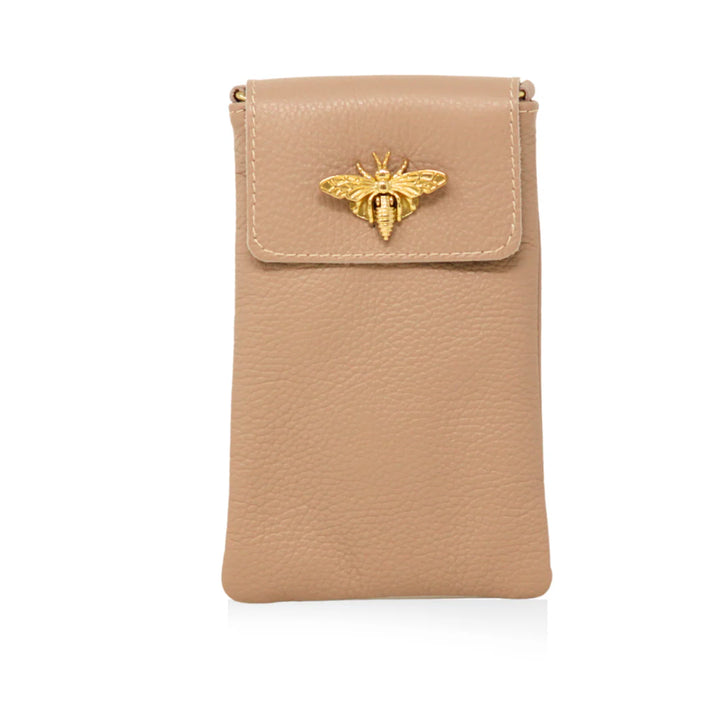 GF1178 Italian Leather Cellphone Crossbody Bag with gold bee clasp closure Nude