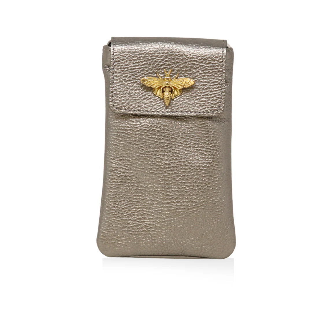 GF1178 Italian Leather Cellphone Crossbody Bag with gold bee clasp closure Pewter