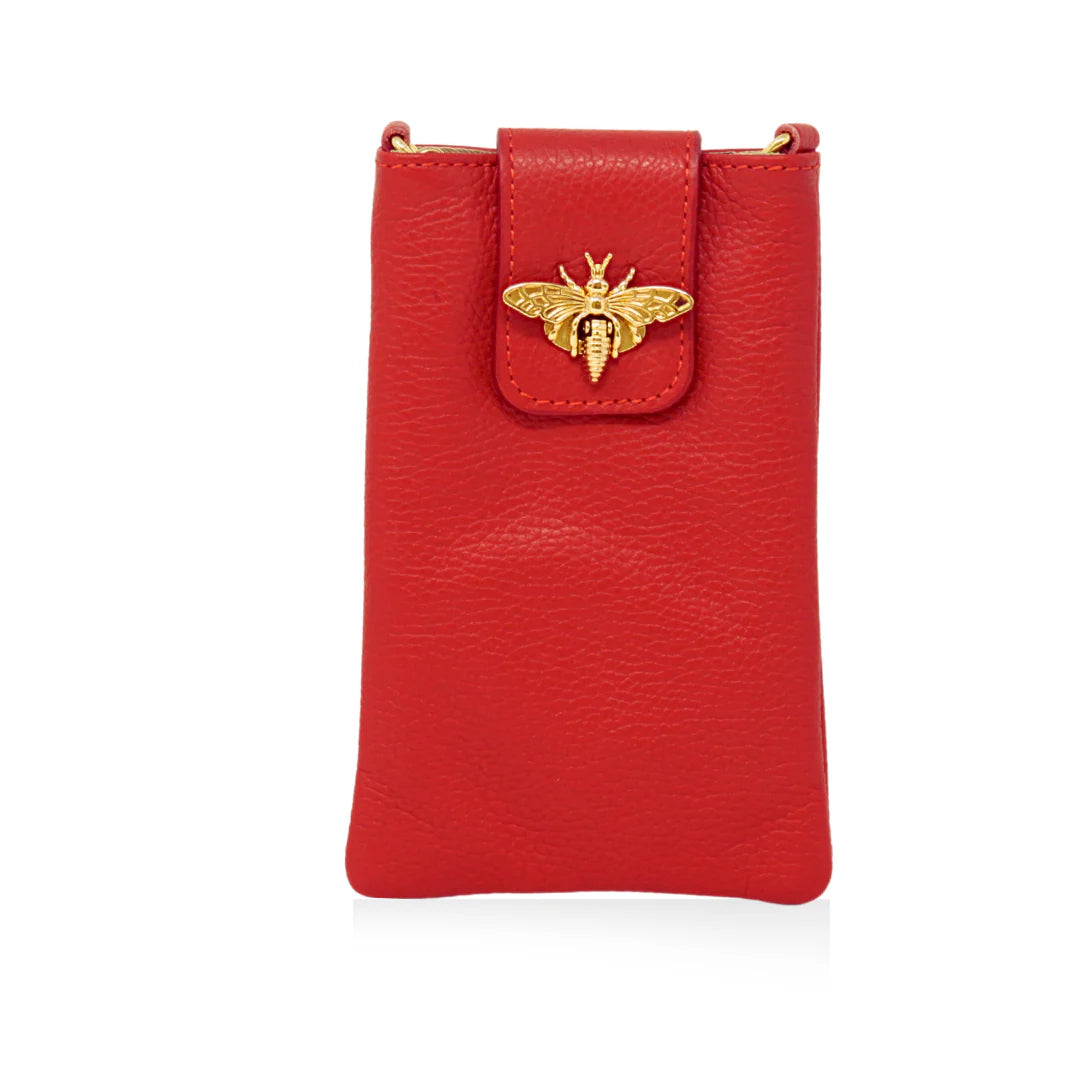 GF1178 Italian Leather Cellphone Crossbody Bag with gold bee clasp closure Red