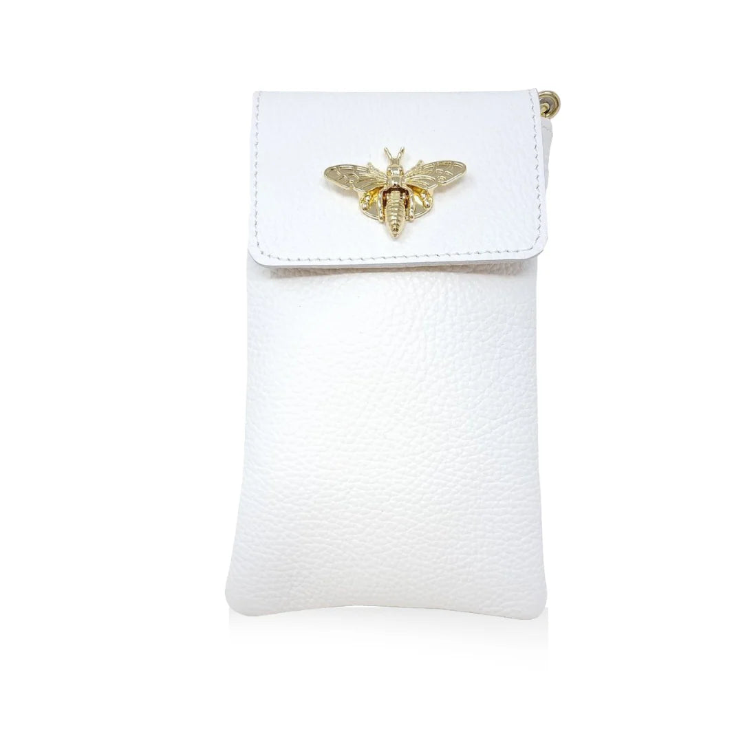 GF1178 Italian Leather Cellphone Crossbody Bag with gold bee clasp closure White