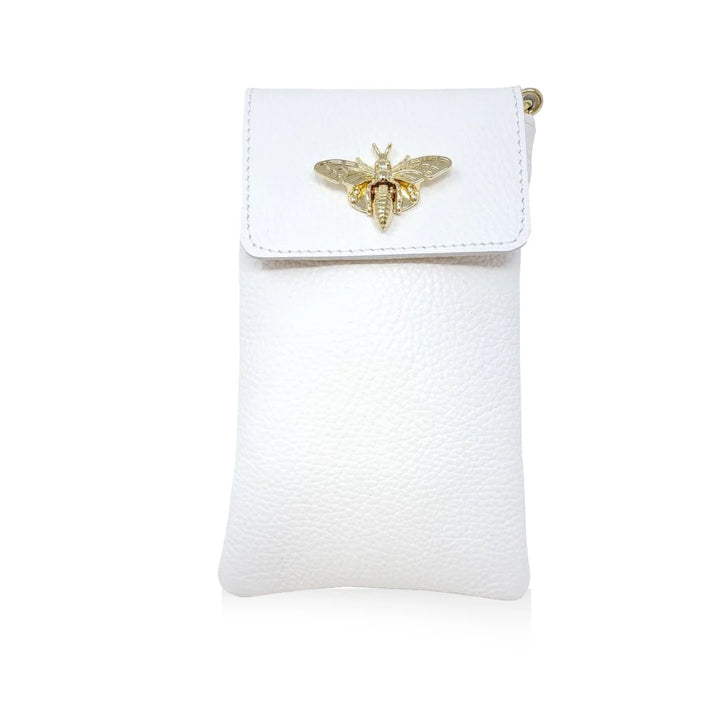 GF1178 Italian Leather Cellphone Crossbody Bag with gold bee clasp closure White