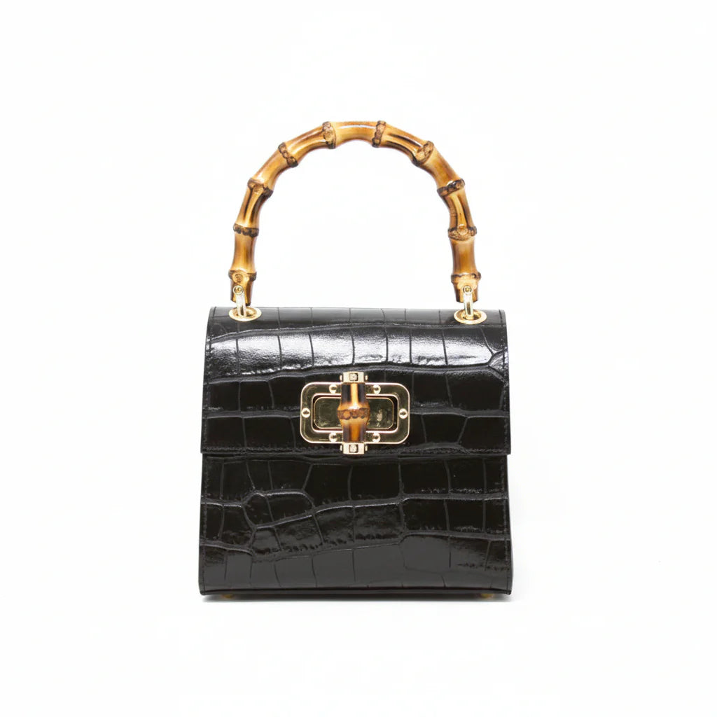 Italian Crocco Leather Bamboo Handle Bag with bamboo turn-lock clasp and gold-toned hardware Black