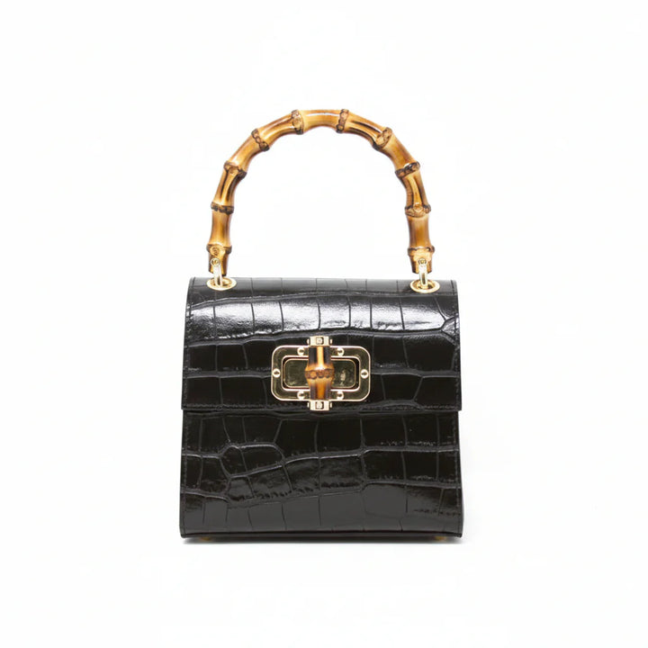 Italian Crocco Leather Bamboo Handle Bag with bamboo turn-lock clasp and gold-toned hardware Black