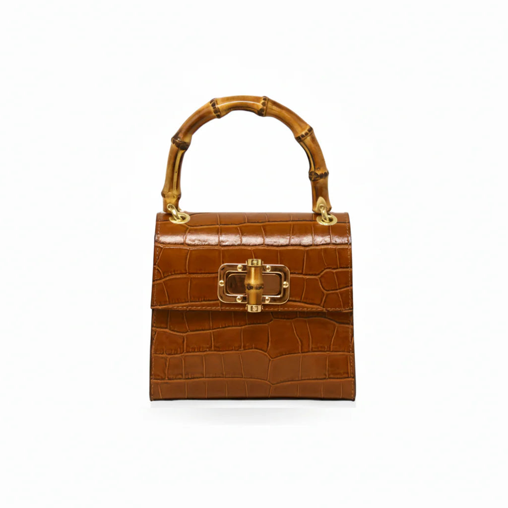 Italian Crocco Leather Bamboo Handle Bag with bamboo turn-lock clasp and gold-toned hardware Camel