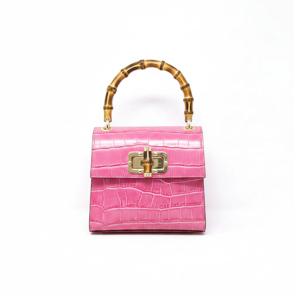 Italian Crocco Leather Bamboo Handle Bag with bamboo turn-lock clasp and gold-toned hardware Fuschia