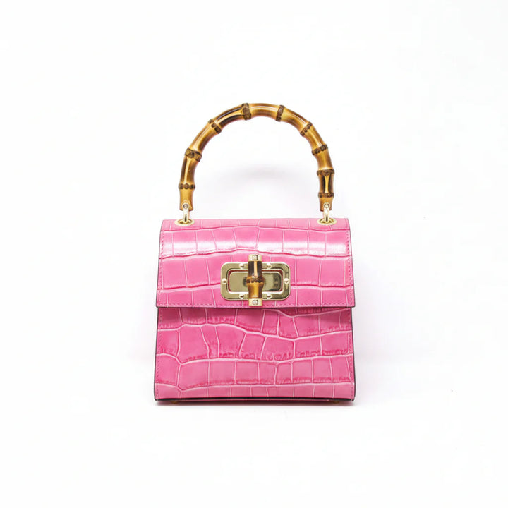 Italian Crocco Leather Bamboo Handle Bag with bamboo turn-lock clasp and gold-toned hardware Fuschia