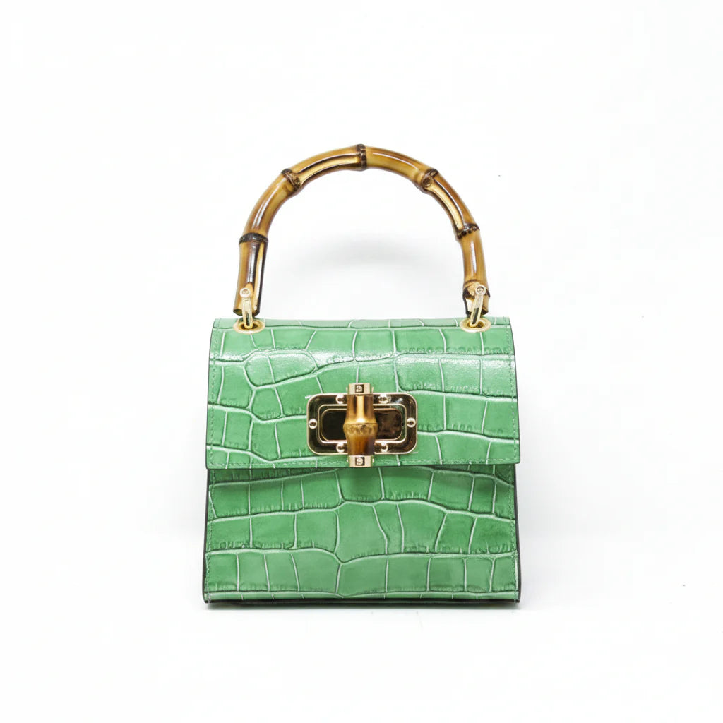 Italian Crocco Leather Bamboo Handle Bag with bamboo turn-lock clasp and gold-toned hardware - Kelly Green
