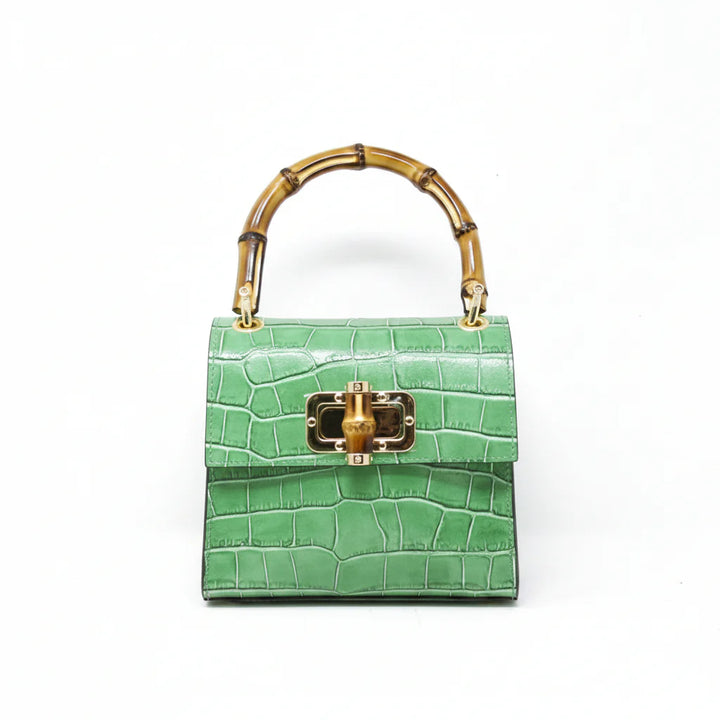 Italian Crocco Leather Bamboo Handle Bag with bamboo turn-lock clasp and gold-toned hardware - Kelly Green