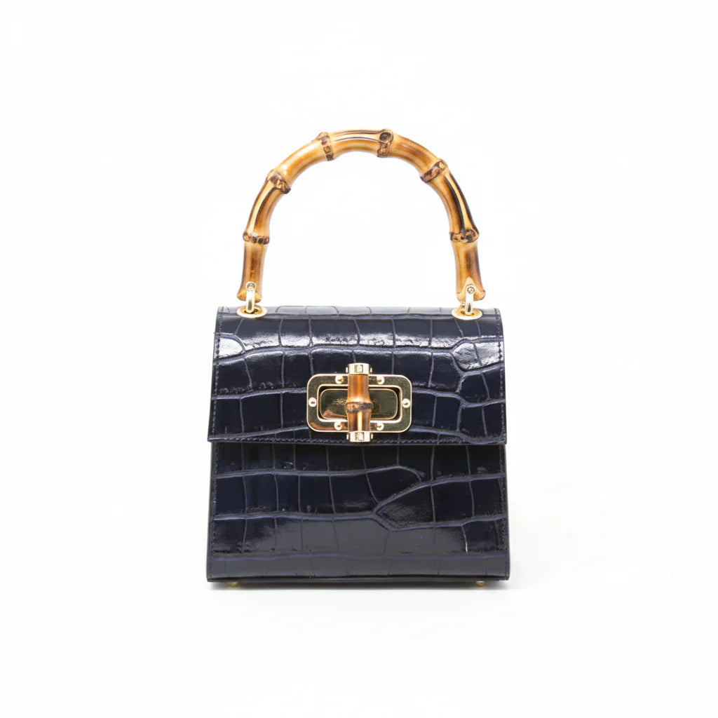 Italian Crocco Leather Bamboo Handle Bag with bamboo turn-lock clasp and gold-toned hardware Navy Blue