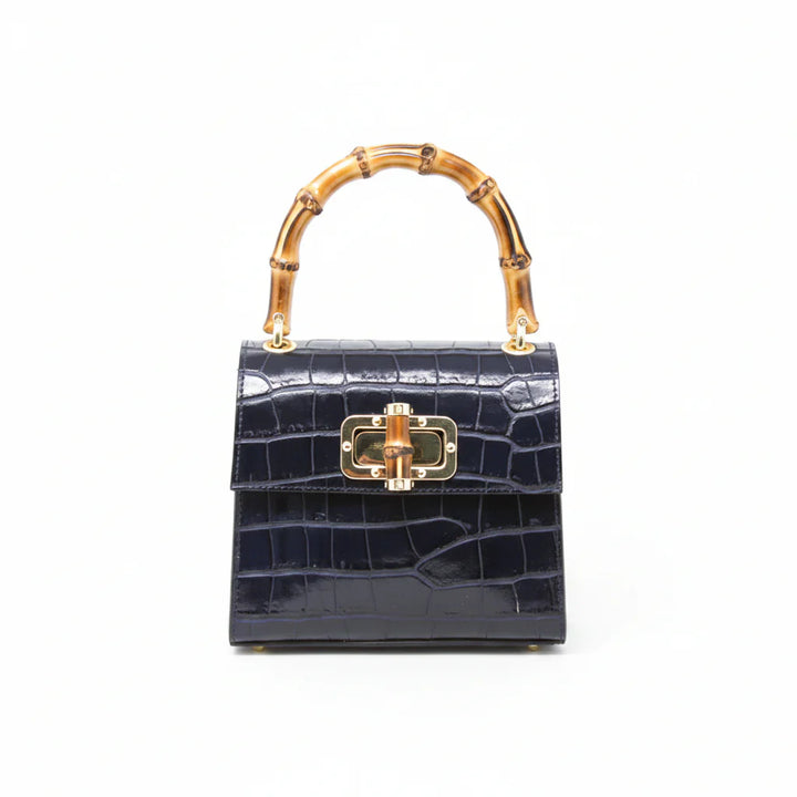 Italian Crocco Leather Bamboo Handle Bag with bamboo turn-lock clasp and gold-toned hardware Navy Blue