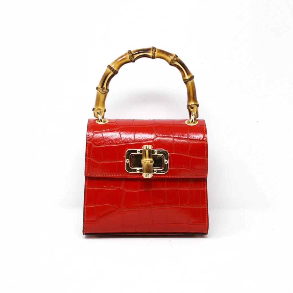Italian Crocco Leather Bamboo Handle Bag with bamboo turn-lock clasp and gold-toned hardware Red