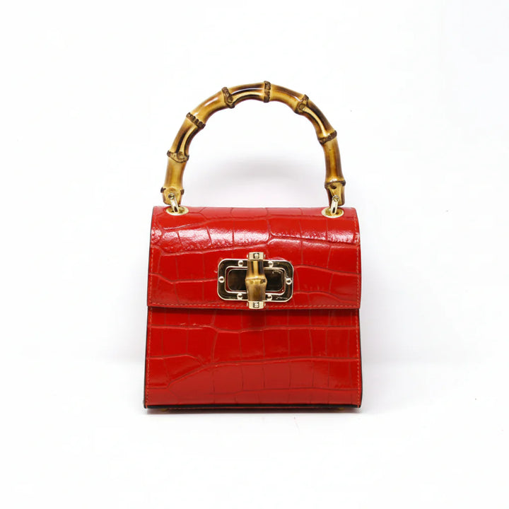 Italian Crocco Leather Bamboo Handle Bag with bamboo turn-lock clasp and gold-toned hardware Red