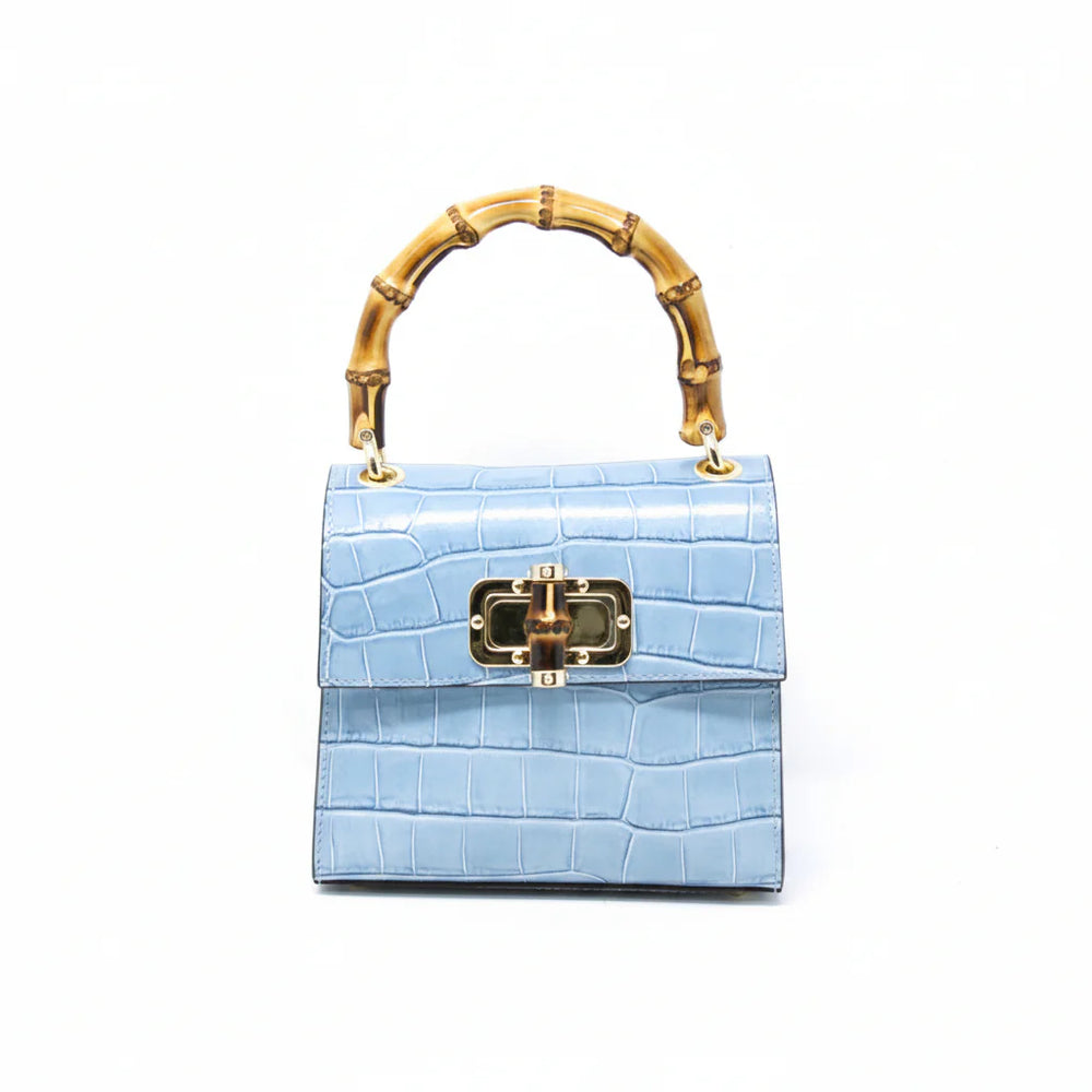 Italian Crocco Leather Bamboo Handle Bag with bamboo turn-lock clasp and gold-toned hardware Sky Blue