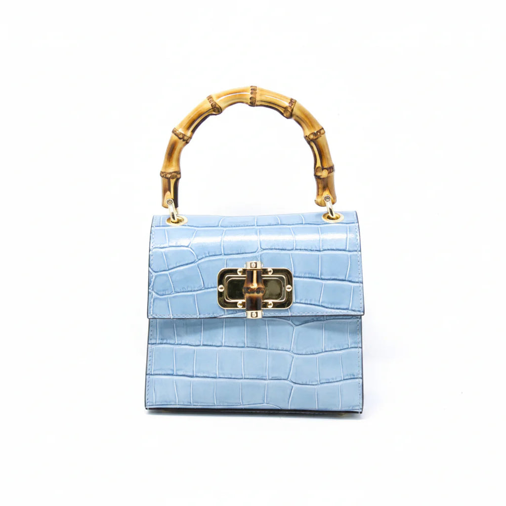 Italian Crocco Leather Bamboo Handle Bag with bamboo turn-lock clasp and gold-toned hardware Sky Blue