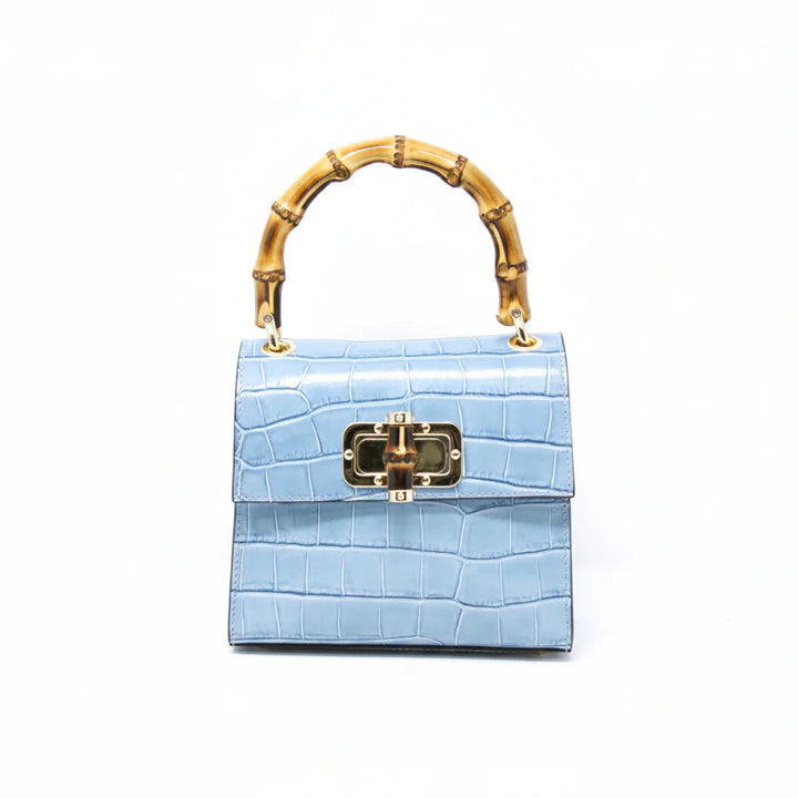 Italian Crocco Leather Bamboo Handle Bag with bamboo turn-lock clasp and gold-toned hardware Sky Blue