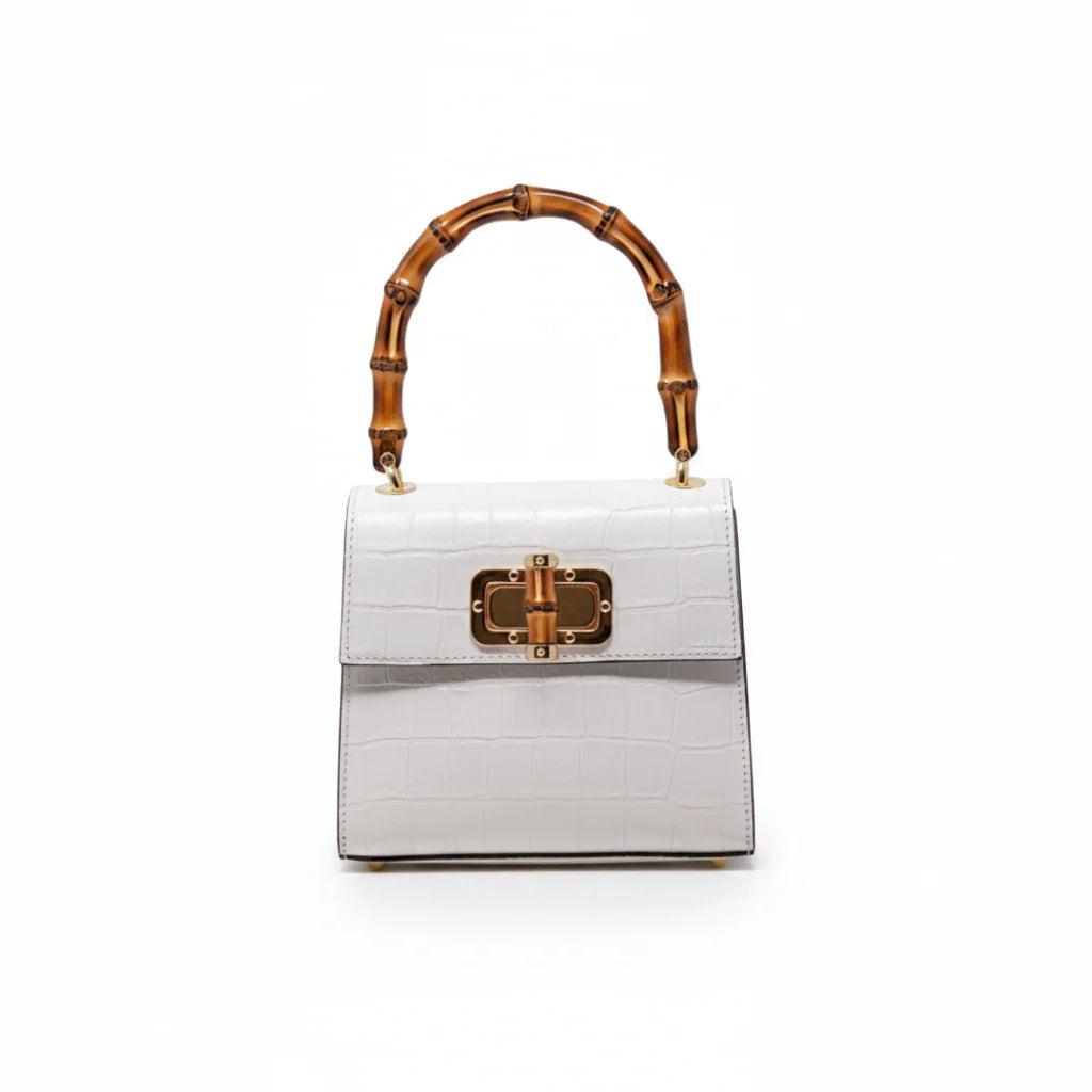 Italian Crocco Leather Bamboo Handle Bag with bamboo turn-lock clasp and gold-toned hardware White