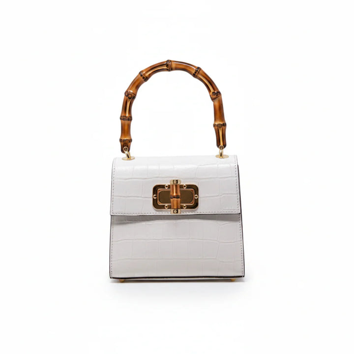 Italian Crocco Leather Bamboo Handle Bag with bamboo turn-lock clasp and gold-toned hardware White