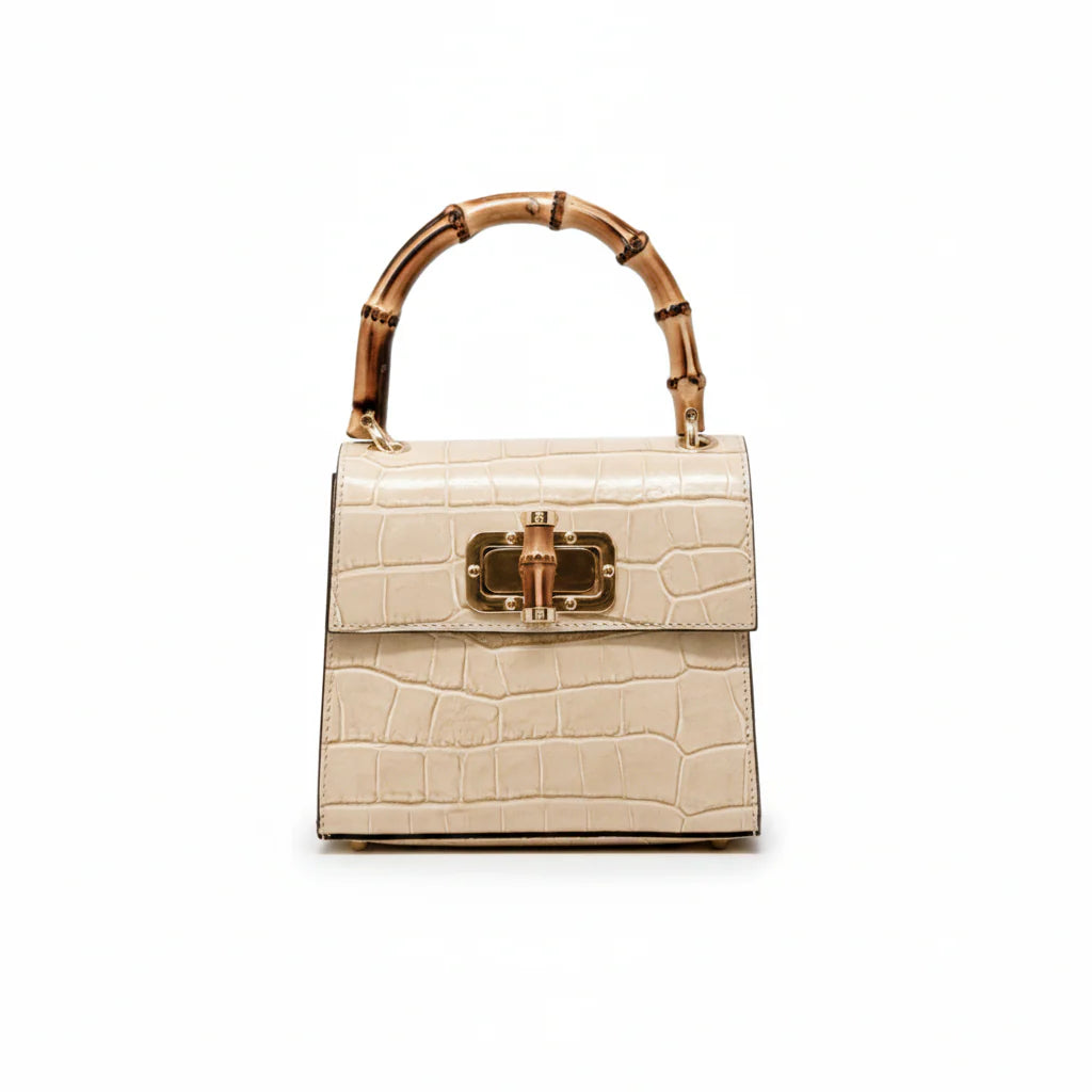 Italian Crocco Leather Bamboo Handle Bag with bamboo turn-lock clasp and gold-toned hardware Beige
