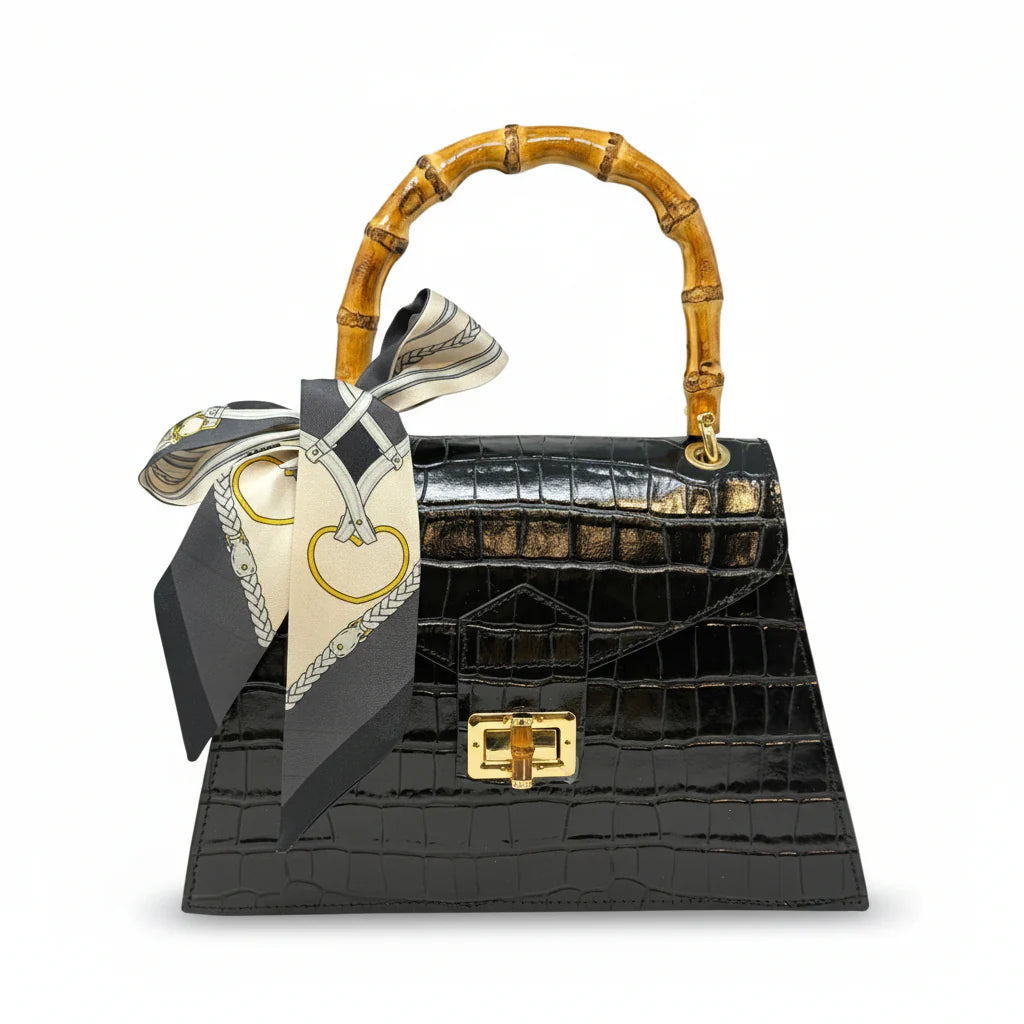 Italian Crocco Leather Bamboo Handle Bag with structured silhouette and front flap closure Black