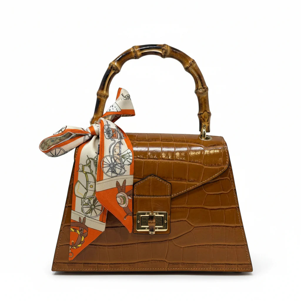 Italian Crocco Leather Bamboo Handle Bag with structured silhouette and front flap closure Camel