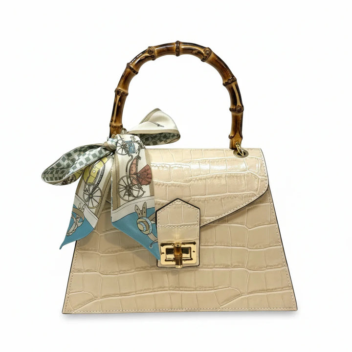 Italian Crocco Leather Bamboo Handle Bag with structured silhouette and front flap closure Ivory