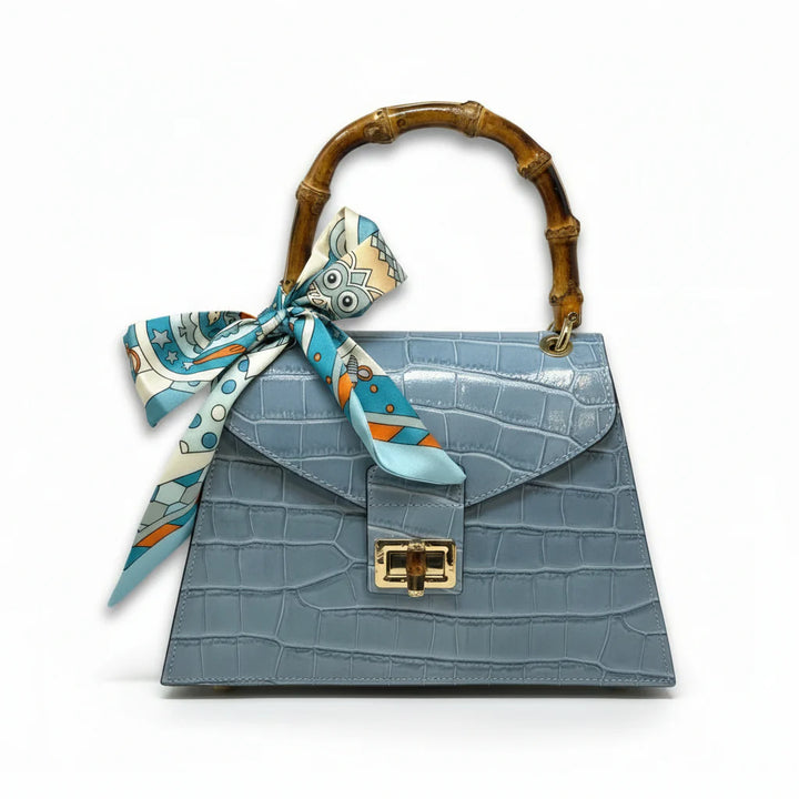 Italian Crocco Leather Bamboo Handle Bag with structured silhouette and front flap closure Light Blue