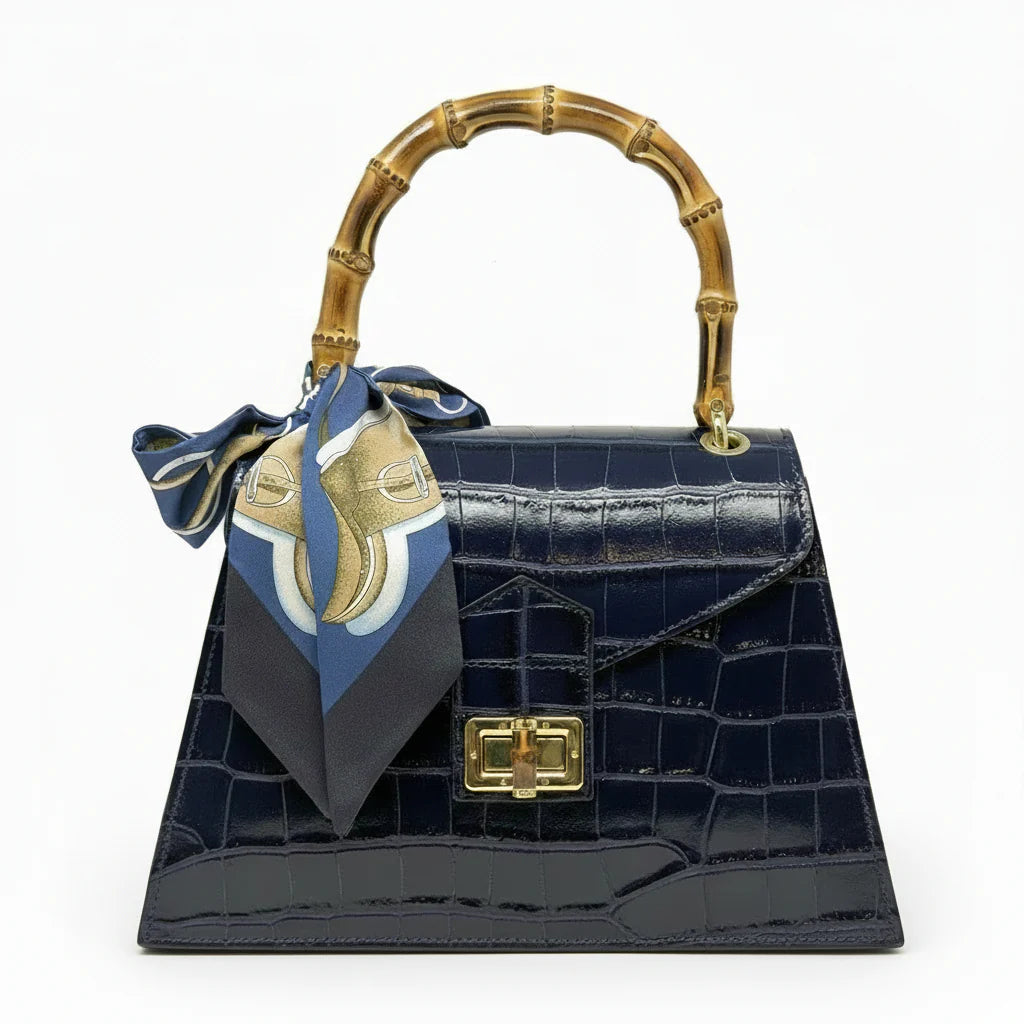 Italian Crocco Leather Bamboo Handle Bag with structured silhouette and front flap closure Navy