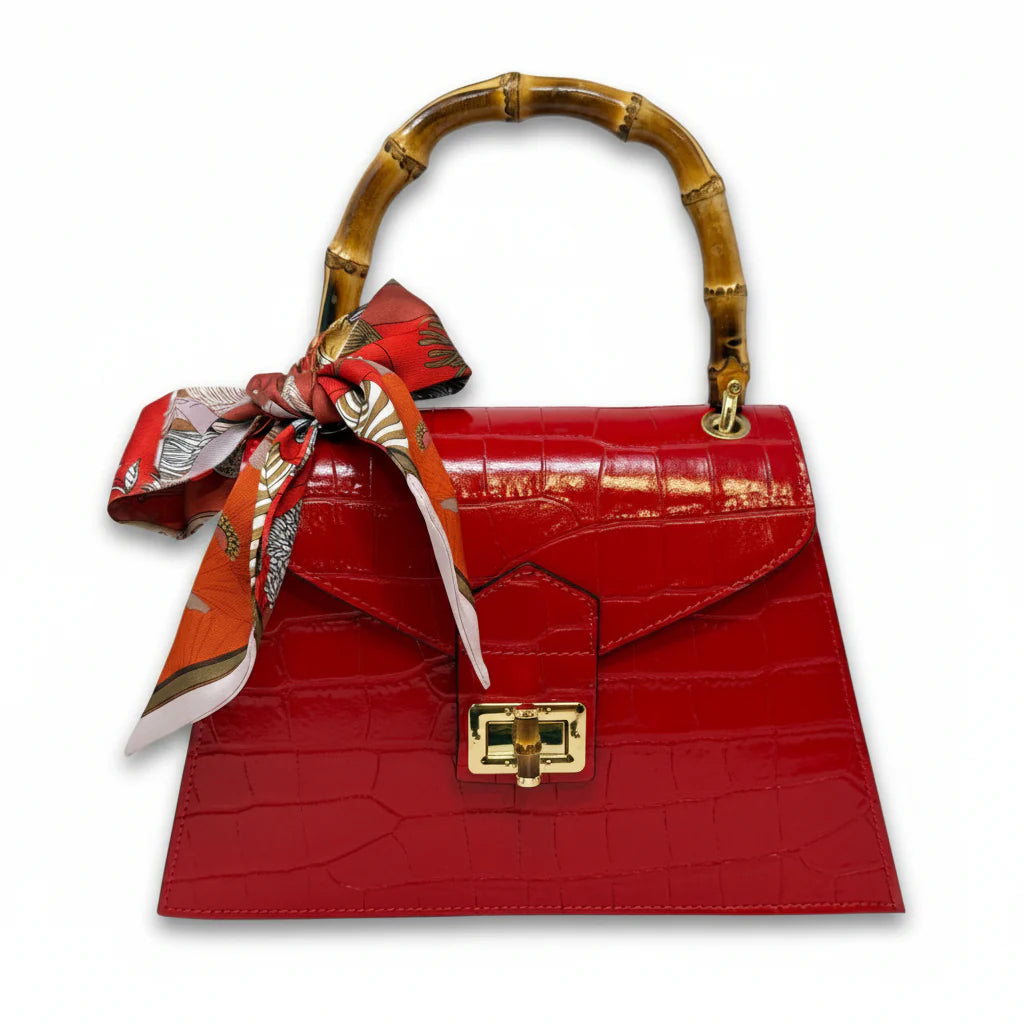 Italian Crocco Leather Bamboo Handle Bag with structured silhouette and front flap closure Red
